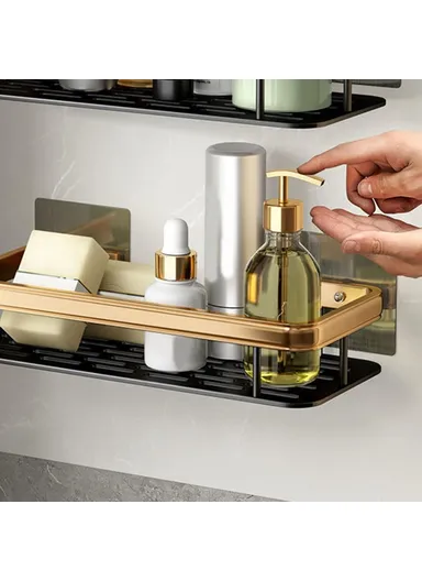 Punch-Free Aluminum Storage Rack Bathroom Organization Shelf, Wide Edge Single Layer Rectangular - Black+Gold