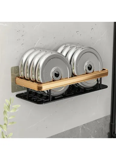 Punch-Free Aluminum Storage Rack Bathroom Organization Shelf, Wide Edge Single Layer Rectangular - Black+Gold