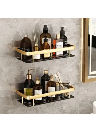 Punch-Free Aluminum Storage Rack Bathroom Organization Shelf, Wide Edge Single Layer Rectangular - Black+Gold
