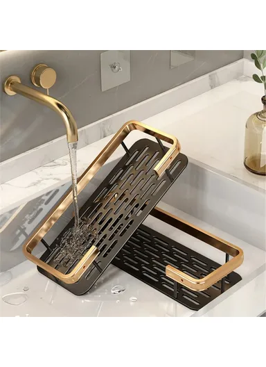 Punch-Free Aluminum Storage Rack Bathroom Organization Shelf, Wide Edge Single Layer Rectangular - Black+Gold