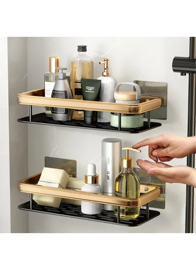 Punch-Free Aluminum Storage Rack Bathroom Organization Shelf, Wide Edge Single Layer Rectangular - Black+Gold