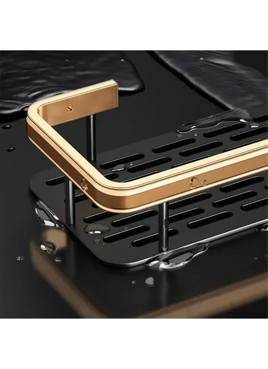Punch-Free Aluminum Storage Rack Bathroom Organization Shelf, Wide Edge Single Layer Rectangular - Black+Gold