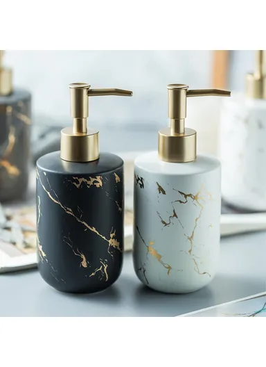 370ml Nordic Soap Dispenser Marble Texture Ceramic Refillable Pump Bottle for Shampoo, Body Wash &amp; Hand Sanitizer - Matte Green