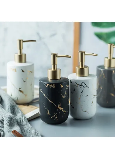 370ml Nordic Soap Dispenser Marble Texture Ceramic Refillable Pump Bottle for Shampoo, Body Wash &amp; Hand Sanitizer - Matte Green