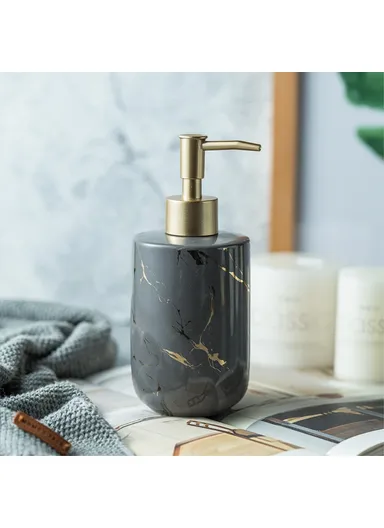 370ml Nordic Soap Dispenser Marble Texture Ceramic Refillable Pump Bottle for Shampoo, Body Wash &amp; Hand Sanitizer - Matte Black