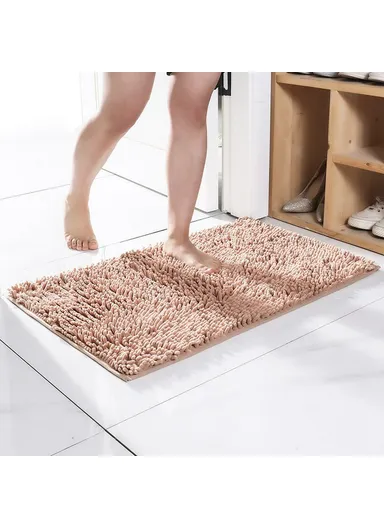 Bathroom Rug Mat Absorbent Water Bath Rug Non Slip Washable Chenille Shower Mat - Camel
