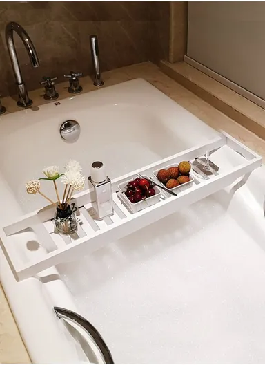 Bathroom Solid Bamboo Non Slip Bathtub Caddy Tray Multifunctional Spa Bath Organizer Rack (L70xW14.5xH4.5)cm - White