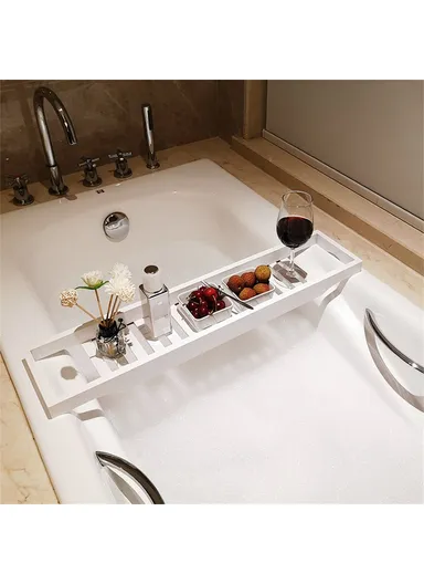Bathroom Solid Bamboo Non Slip Bathtub Caddy Tray Multifunctional Spa Bath Organizer Rack (L70xW14.5xH4.5)cm - White