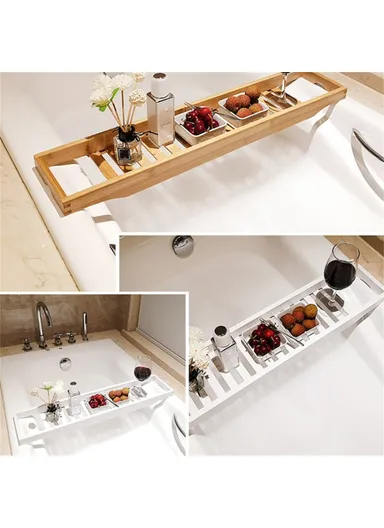 Bathroom Solid Bamboo Non Slip Bathtub Caddy Tray Multifunctional Spa Bath Organizer Rack (L70xW14.5xH4.5)cm - White