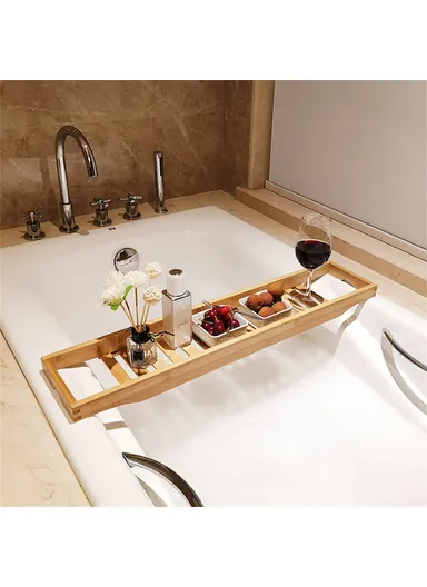 Bathroom Solid Bamboo Non Slip Bathtub Caddy Tray Multifunctional Spa Bath Organizer Rack (L70xW14.5xH4.5)cm - Bamboo Color