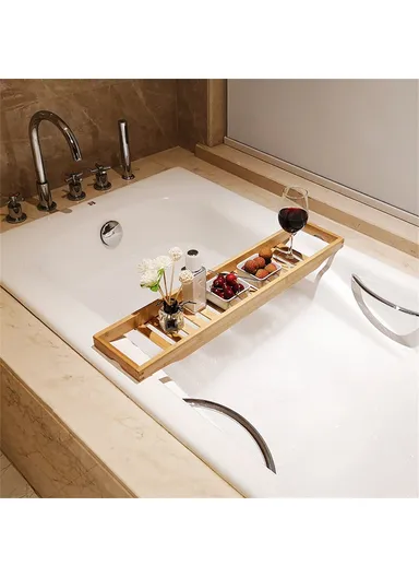 Bathroom Solid Bamboo Non Slip Bathtub Caddy Tray Multifunctional Spa Bath Organizer Rack (L70xW14.5xH4.5)cm - Bamboo Color