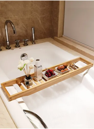 Bathroom Solid Bamboo Non Slip Bathtub Caddy Tray Multifunctional Spa Bath Organizer Rack (L70xW14.5xH4.5)cm - Bamboo Color