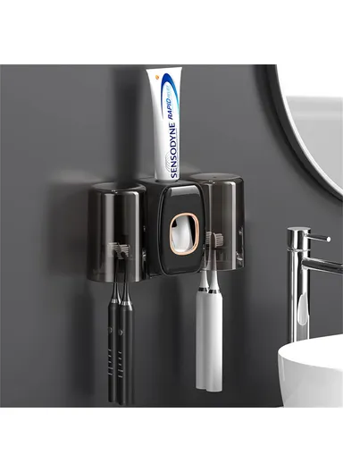 Wall Mounted Toothbrush Holder Cup Rack Toothpaste Dispenser No Drill Bathroom Storage Shelf - Black