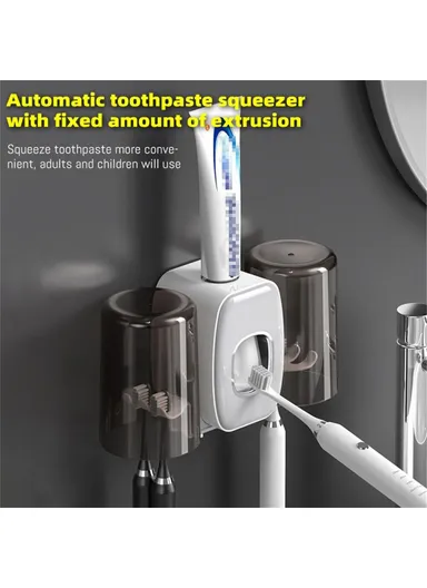 Wall Mounted Toothbrush Holder Cup Rack Toothpaste Dispenser No Drill Bathroom Storage Shelf (L20xW10.5xH6.6)- Black