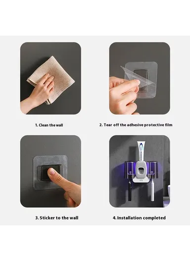 Wall Mounted Toothbrush Holder Cup Rack Toothpaste Dispenser No Drill Bathroom Storage Shelf (L20xW10.5xH6.6)- Black