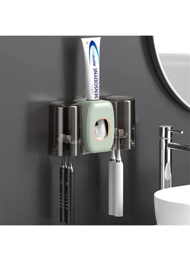 Wall Mounted Toothbrush Holder Cup Rack Toothpaste Dispenser No Drill Bathroom Storage Shelf - Mint Green