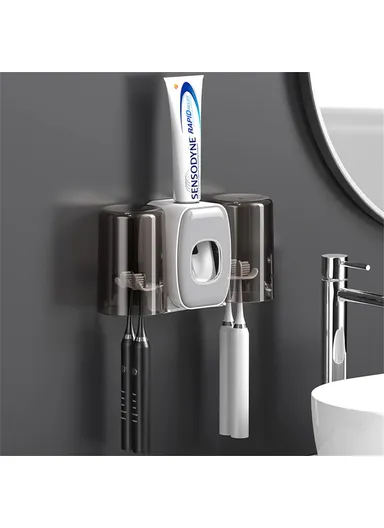 Wall Mounted Toothbrush Holder Cup Rack Toothpaste Dispenser No Drill Bathroom Storage Shelf - White
