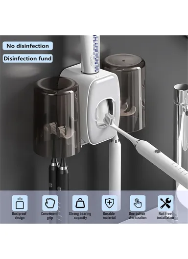 Wall Mounted Toothbrush Holder Cup Rack Toothpaste Dispenser No Drill Bathroom Storage Shelf - White