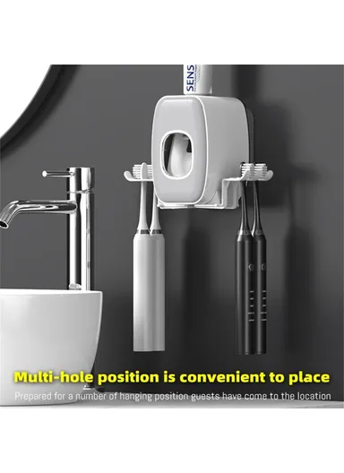 Wall Mounted Toothbrush Holder Cup Rack Toothpaste Dispenser No Drill Bathroom Storage Shelf - White