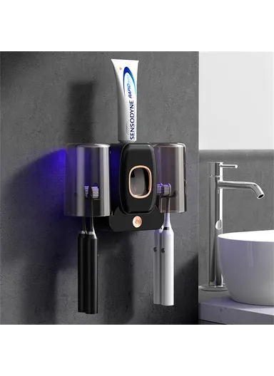 Wall Mounted Toothbrush Holder UV Sanitizer Smart Electric Toothbrush Cup Organizer with Toothpaste Dispenser - Black