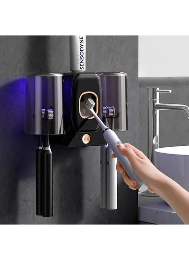 Wall Mounted Toothbrush Holder UV Sanitizer Smart Electric Toothbrush Cup Organizer with Toothpaste Dispenser - Black