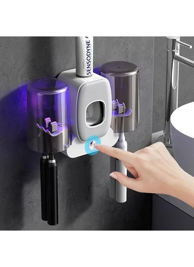 Wall Mounted Toothbrush Holder UV Sanitizer Smart Electric Toothbrush Cup Organizer with Toothpaste Dispenser - Black