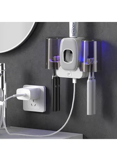 Wall Mounted Toothbrush Holder UV Sanitizer Smart Electric Toothbrush Cup Organizer with Toothpaste Dispenser - White
