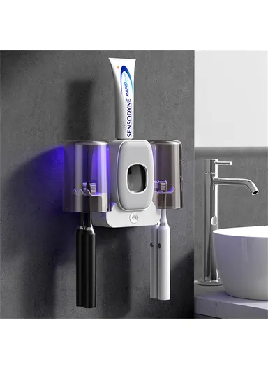 Wall Mounted Toothbrush Holder UV Sanitizer Smart Electric Toothbrush Cup Organizer with Toothpaste Dispenser - White