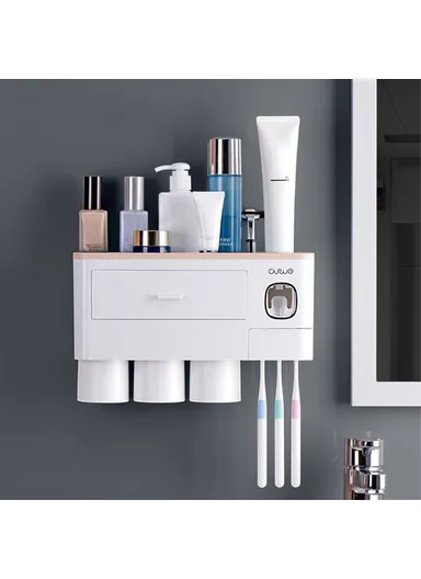 3 Cups Toothbrush Holder Wall Mounted with Toothpaste Dispenser, Tray, Drawer, and 3 Brush Slots for Bathrooms A1909 - pink