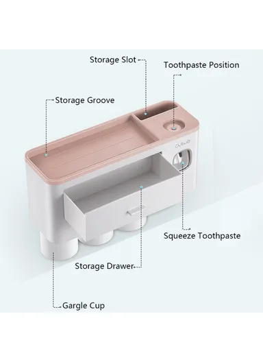 3 Cups Toothbrush Holder Wall Mounted with Toothpaste Dispenser, Tray, Drawer, and 3 Brush Slots for Bathrooms A1909 - pink