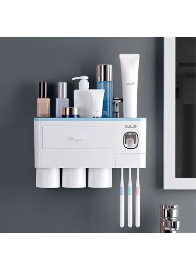 3 Cups Toothbrush Holder Wall Mounted with Toothpaste Dispenser, Tray, Drawer, and 3 Brush Slots for Bathrooms A1909 - Blue