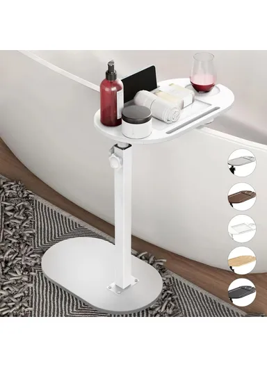 C Shaped End Table Adjustable Height Bamboo Wood Bathroom Narrow Side 360 Degree Rotating Organizer Desk - White