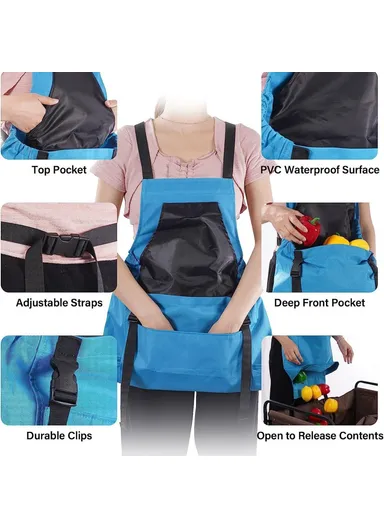 Outdoor Picking Gardening Apron with Pockets, Adjustable Waterproof Oxford Cloth Harvest Apron - Blue