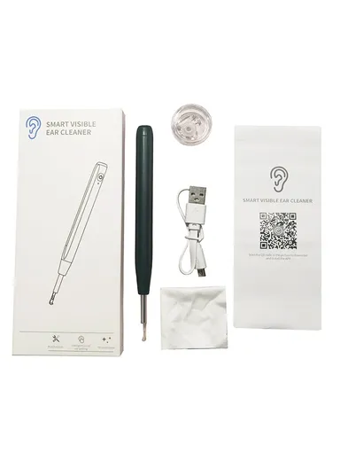 Ear Camera Otoscope Ear Wax Removal Tool Kit LED Light Ear Pick Spoon Earwax Remover W2 - Black