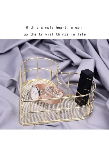 Heart Shaped Iron Storage Basket Desktop Sundries Storage Basket Hollow Mesh Cosmetic Storage Holder (L17.5xW12.5xH6)cm - Gold