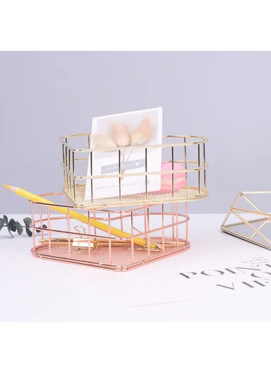 Heart Shaped Iron Storage Basket Desktop Sundries Storage Basket Hollow Mesh Cosmetic Storage Holder (L17.5xW12.5xH6)cm - Gold