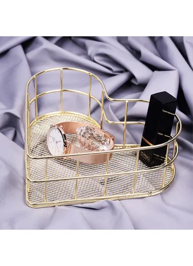 Heart Shaped Iron Storage Basket Desktop Sundries Storage Basket Hollow Mesh Cosmetic Storage Holder (L17.5xW12.5xH6)cm - Gold