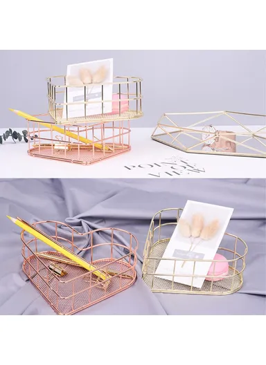 Heart Shaped Iron Storage Basket Desktop Sundries Storage Basket Hollow Mesh Cosmetic Storage Holder (L17.5xW12.5xH6)cm - Gold