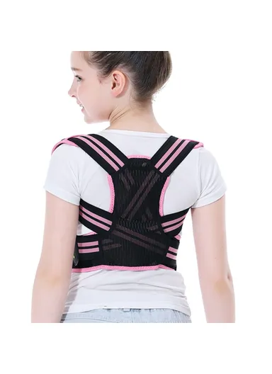 Children Hunchback Posture Corrector Breathable Shoulder Traction Strap Adjustable Back Brace - Pink / M