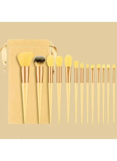 13Pcs Makeup Brush Set Cosmetic Brushes Soft Fiber Foundation / Contour / Blending Tools with Velvet Pouch - Yellow