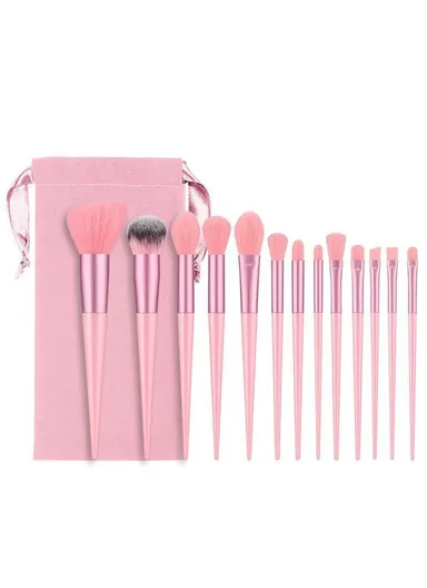 13Pcs Makeup Brush Set Cosmetic Brushes Soft Fiber Foundation / Contour / Blending Tools with Velvet Pouch - Pink