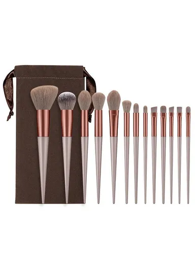 13Pcs Makeup Brush Set Cosmetic Brushes Soft Fiber Foundation / Contour / Blending Tools with Velvet Pouch - Coffee