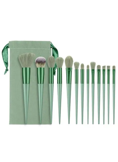 13Pcs Makeup Brush Set Cosmetic Brushes Soft Fiber Foundation / Contour / Blending Tools with Velvet Pouch - Green