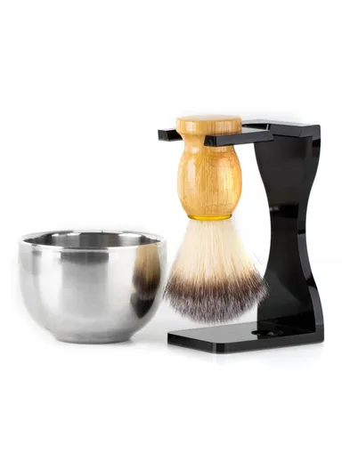 3 In 1 Shaving Brush Set with Acrylic Stand Stainless Steel Bowl Beard Grooming Kit for Men - Black