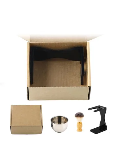 3 In 1 Shaving Brush Set with Acrylic Stand Stainless Steel Bowl Beard Grooming Kit for Men - Black