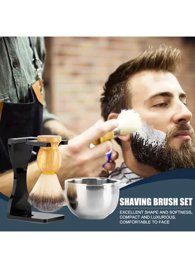 3 In 1 Shaving Brush Set with Acrylic Stand Stainless Steel Bowl Beard Grooming Kit for Men - Black