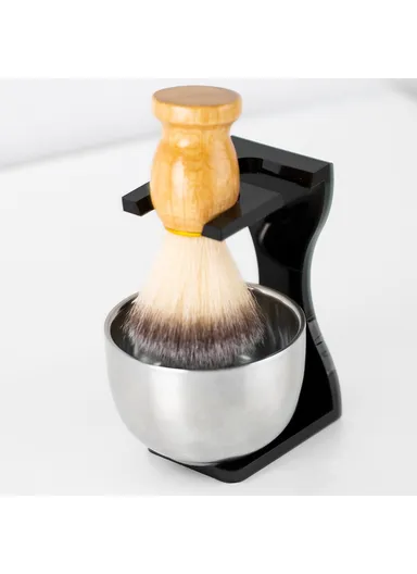 3 In 1 Shaving Brush Set with Acrylic Stand Stainless Steel Bowl Beard Grooming Kit for Men - Black