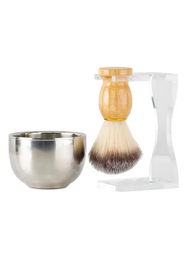 3 In 1 Shaving Brush Set with Acrylic Stand Stainless Steel Bowl Beard Grooming Kit for Men - Transparent