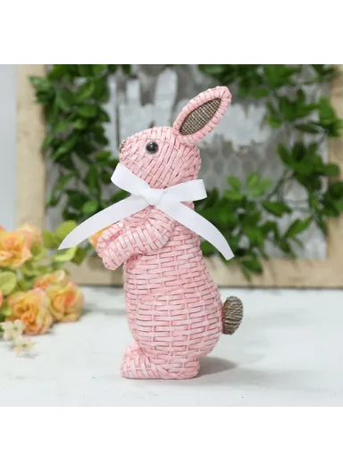 Rattan Effect Resin Rabbit with Bowknot Home Garden Children Room Ornament - Pink Standing Position
