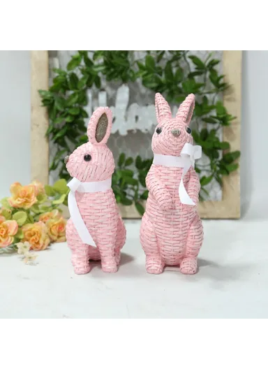 Rattan Effect Resin Rabbit with Bowknot Home Garden Children Room Ornament - Pink Standing Position